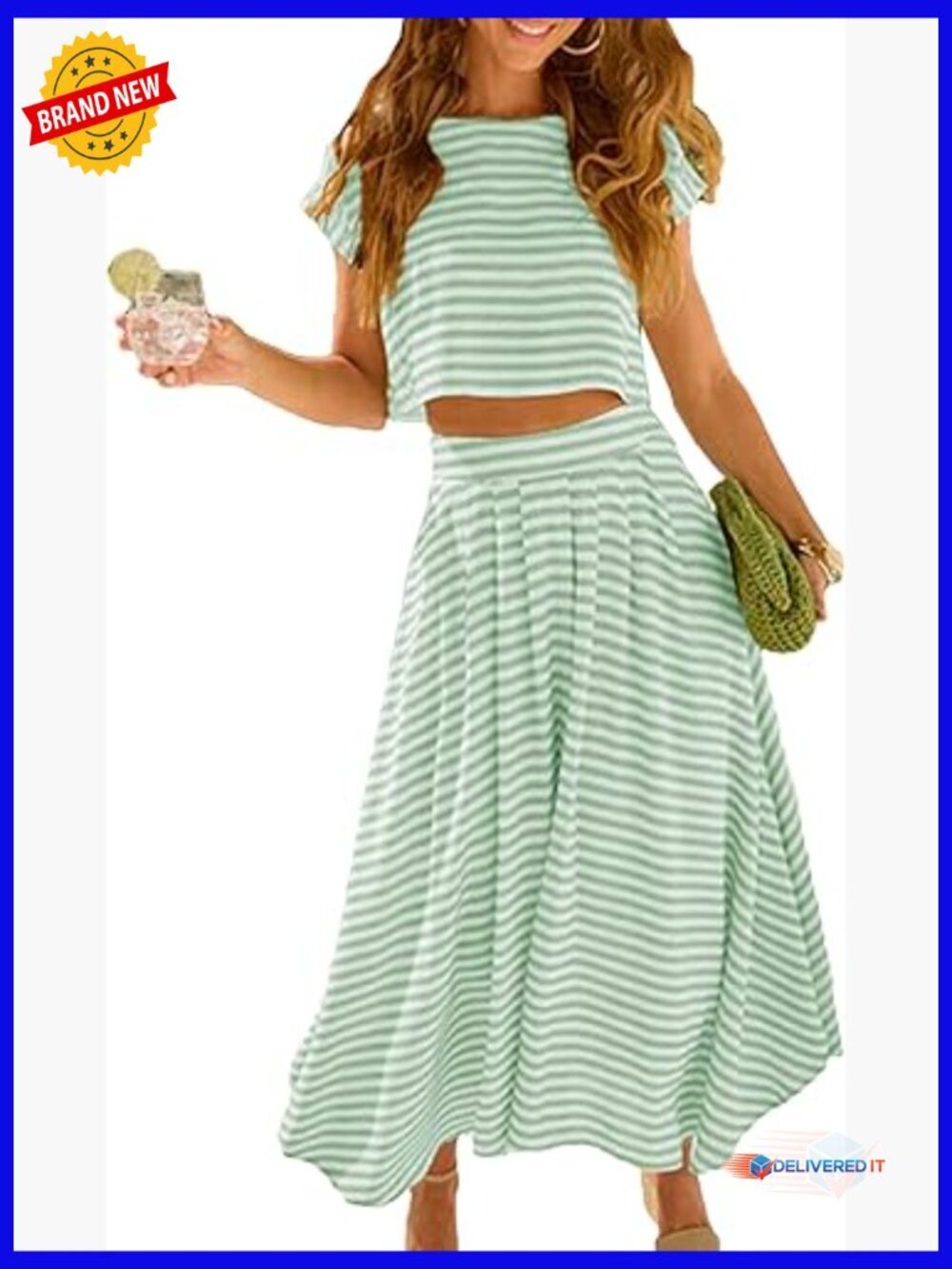 Striped 2 Piece Crop Top & Midi Skirt Outfit Set